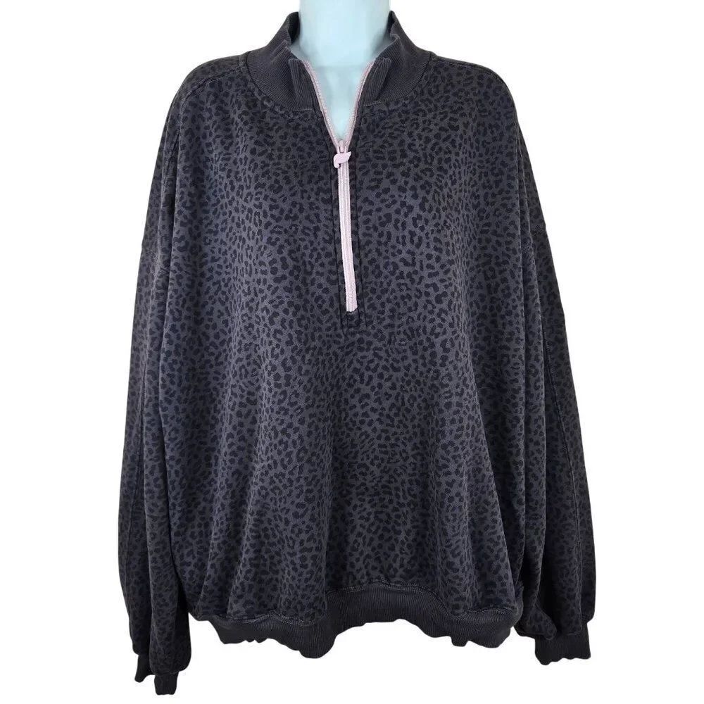 Faletics Leopard Print 1/4 Zip Pullover Sweatshirt Womens 3X Fleece Gray Pink